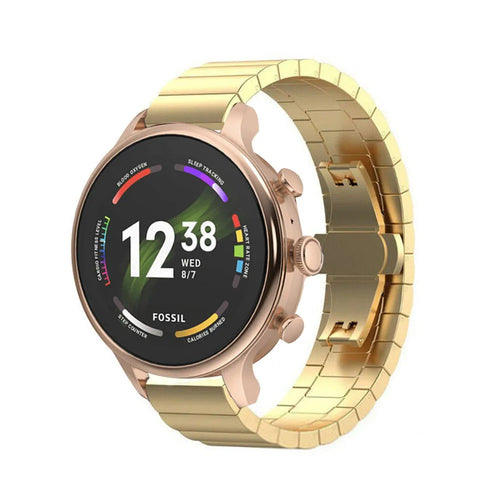 Metal Strap, gold, on a watch, 3/4 front view