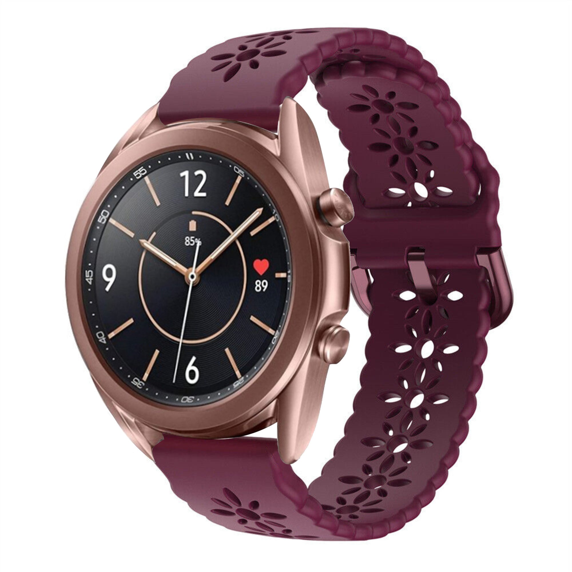 Patterned Silicone Strap, burgundy, on a watch, 3/4 front view