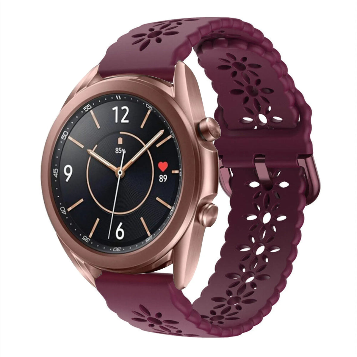 Patterned Silicone Strap, burgundy, on a watch, 3/4 front view
