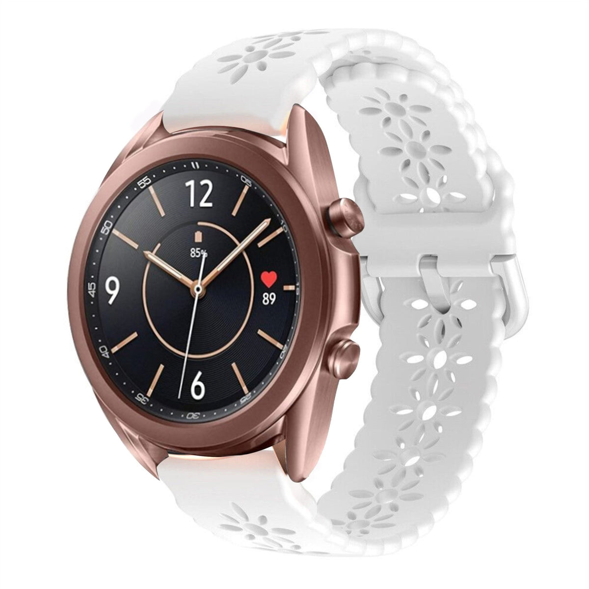 Patterned Silicone Strap, white, on a watch, 3/4 front view