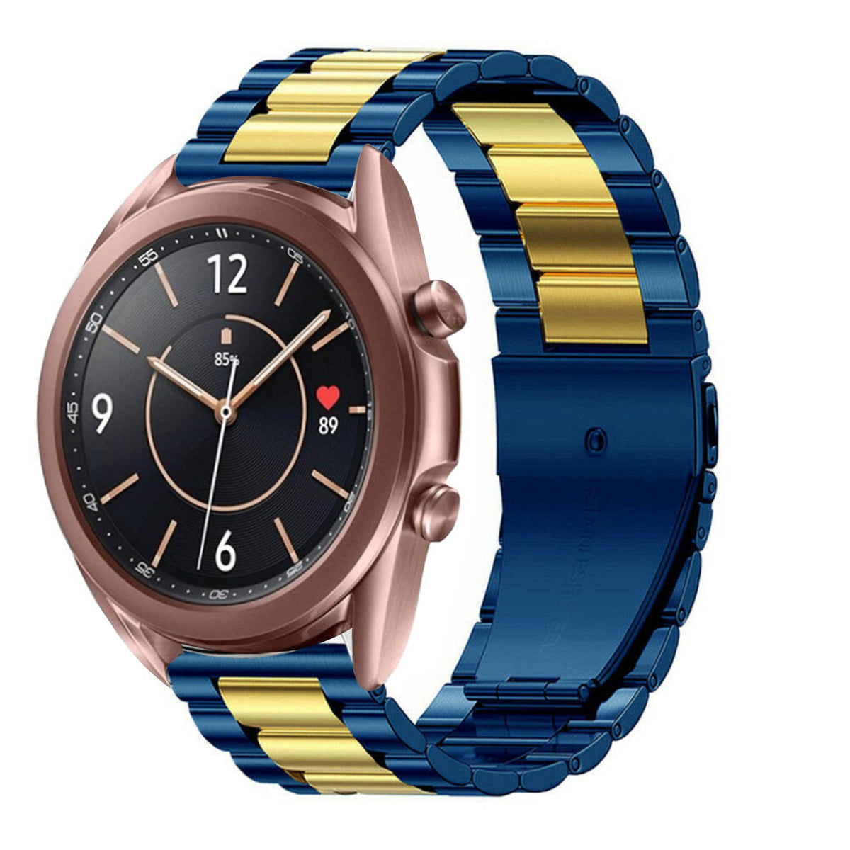 Steel Strap, blue/gold, on a watch, 3/4 front view