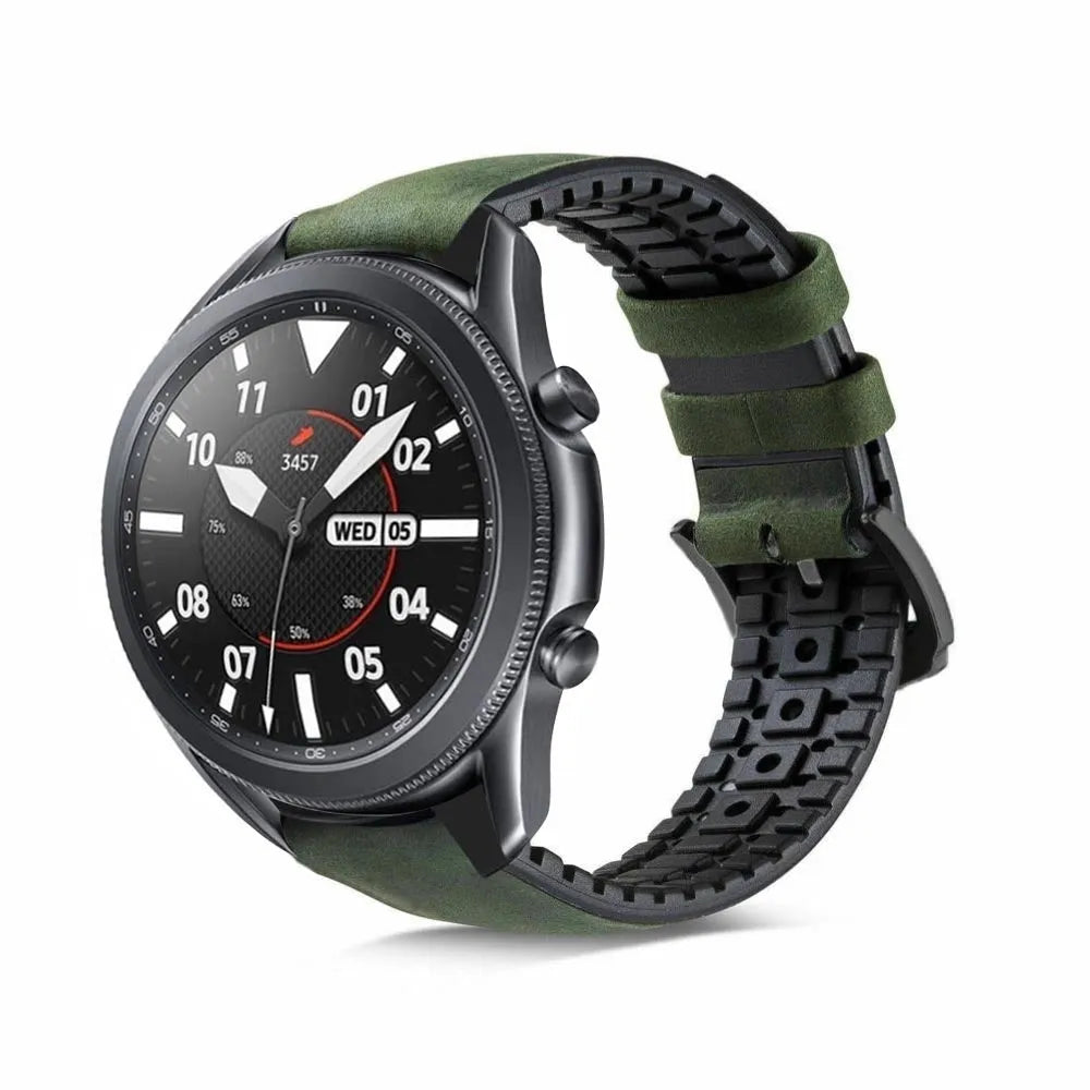 Leather Hybrid Strap, black/green, on a watch, 3/4 front view