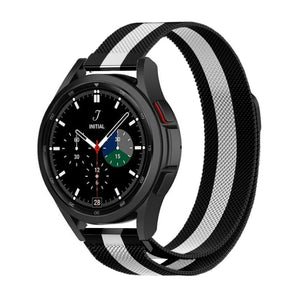 Milanese Strap, black/white, on a watch, 3/4 front view