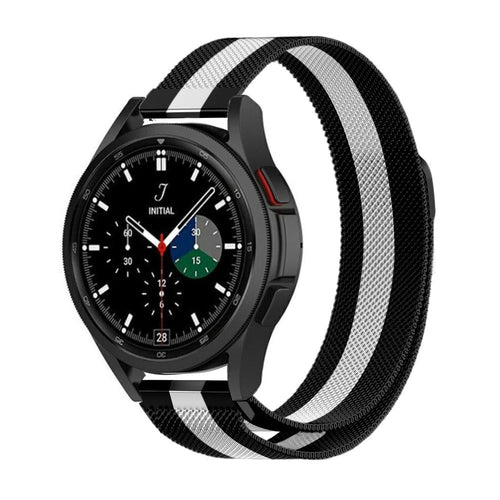 Milanese Strap, black/white, on a watch, 3/4 front view