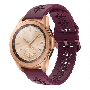 Patterned Silicone Strap, burgundy, on a watch, 3/4 front view