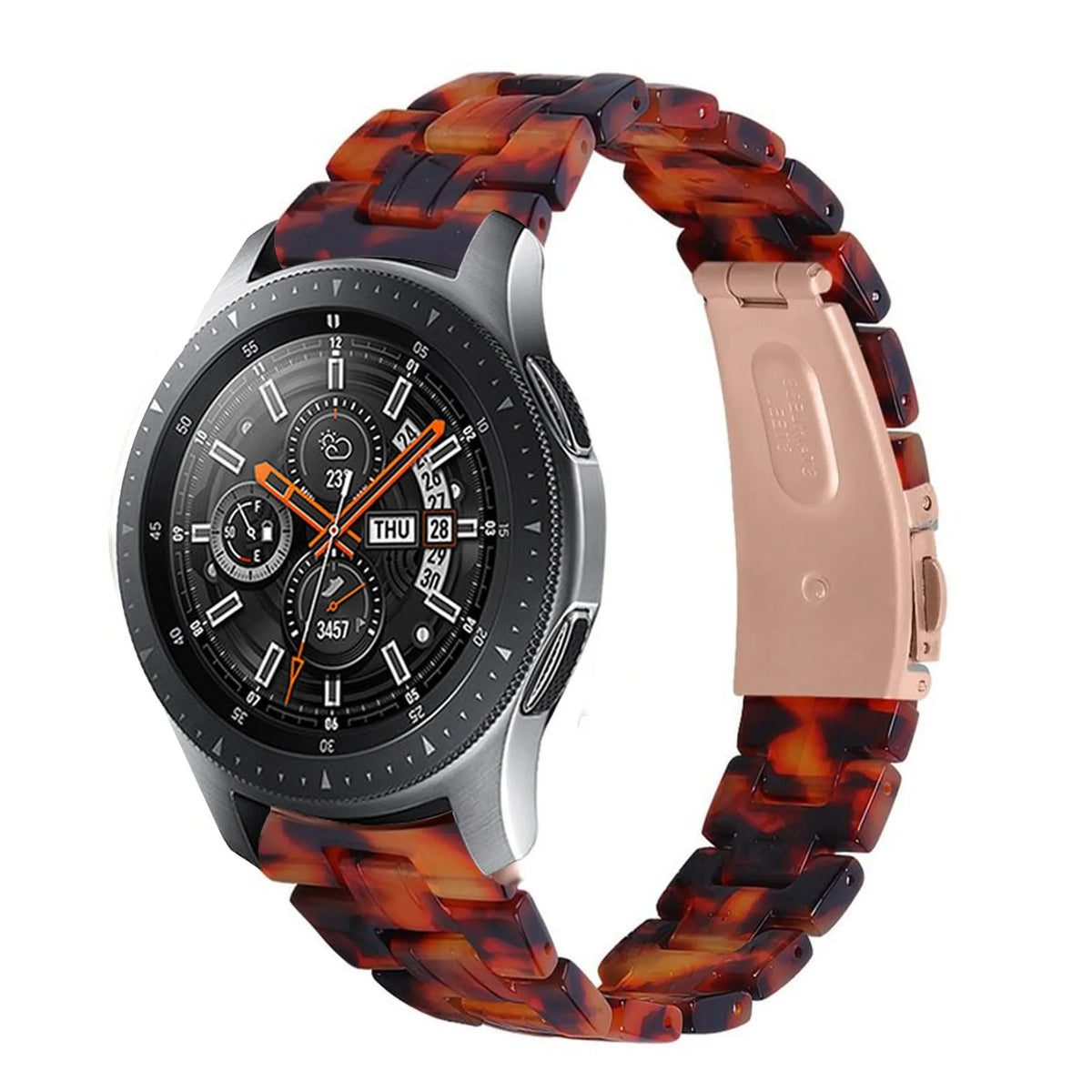 Metal Resin Strap, lava, on a watch, 3/4 front view