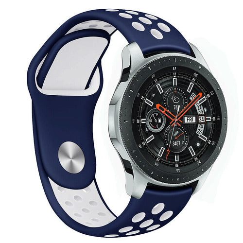 Silicone Sport Strap, blue/white, on a watch, 3/4 front view