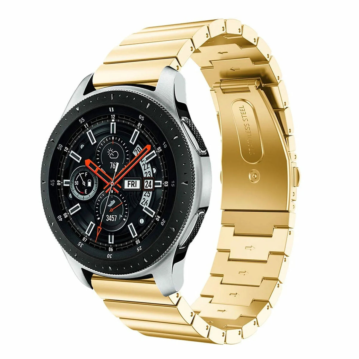 Premium Metal Strap, gold, on a watch, 3/4 front view