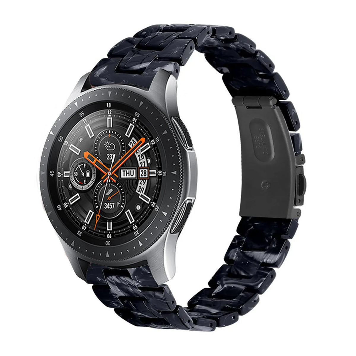 Metal Resin Strap, black/white, on a watch, 3/4 front view