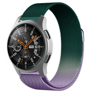 Milanese Strap, purple/green, on a watch, 3/4 front view