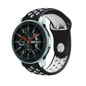 Silicone Sport Strap, black/white, on a watch, 3/4 front view
