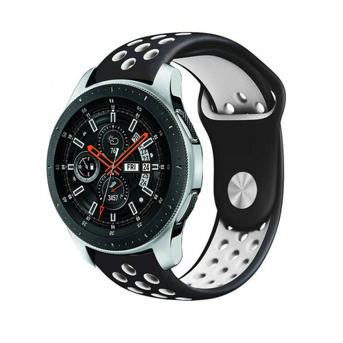 Silicone Sport Strap, black/white, on a watch, 3/4 front view
