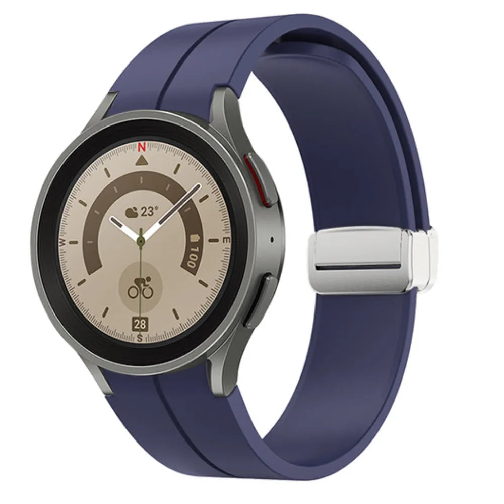Silicone Magnetic Sport Strap, dark blue, on a watch, 3/4 front view