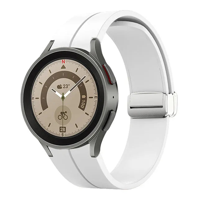 Silicone Magnetic Sport Strap, white, on a watch, 3/4 front view