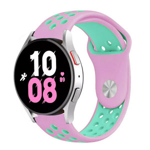Silicone Sport Strap, pink/aqua, on a watch, 3/4 front view