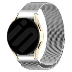 Milanese Strap 'One Push', silver, on a watch, 3/4 front view