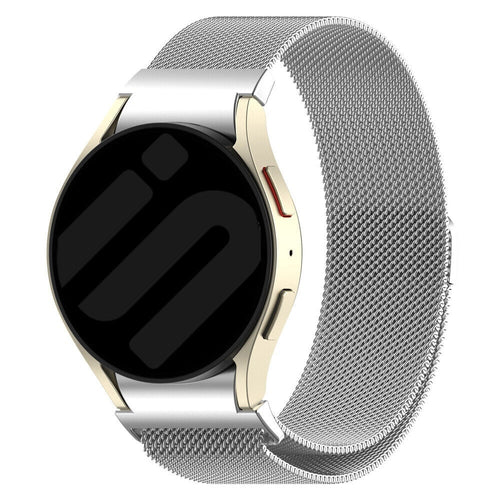Milanese Strap 'One Push', silver, on a watch, 3/4 front view