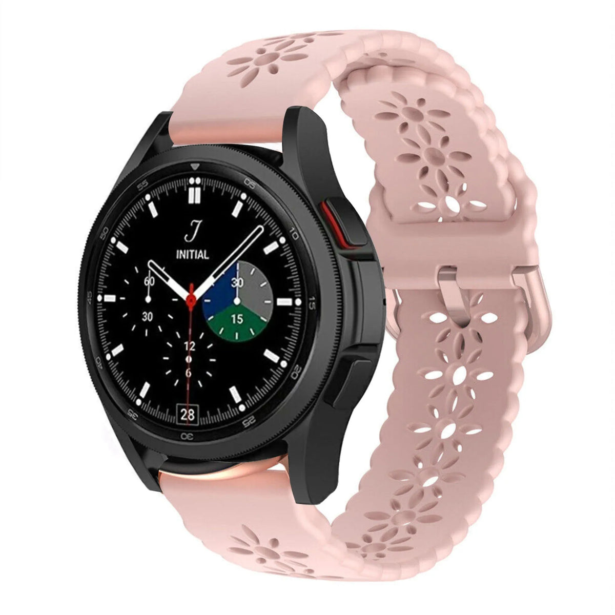 Patterned Silicone Strap, pink, on a watch, 3/4 front view