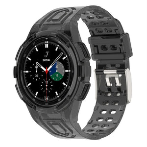 Silicone Strap with Frame, transparent black, on a watch, 3/4 front view