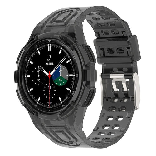 Silicone Strap with Frame, transparent black, on a watch, 3/4 front view