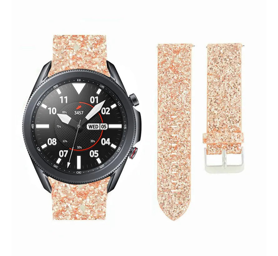 Leather Strap with Glitters, rose gold, on a watch, 3/4 front view