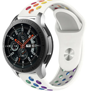 Silicone Sport Strap, white/colourful, on a watch, 3/4 front view