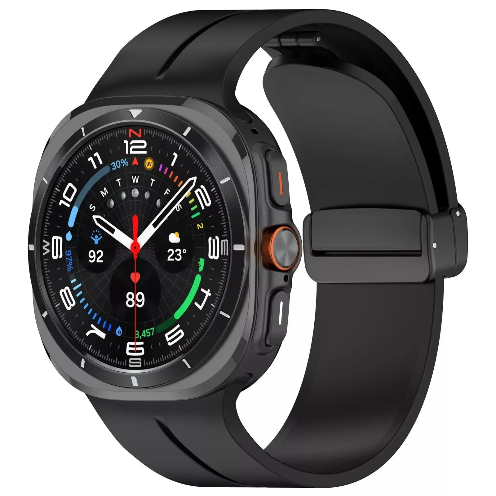 D-Buckle Silicone Strap, black, on a watch, 3/4 front view