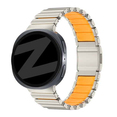 Titanium Strap 'Hybrid', titanium/orange, on a watch, 3/4 front view