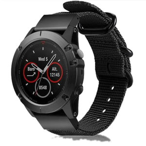 Nylon Buckle Strap, black, on a watch, 3/4 front view
