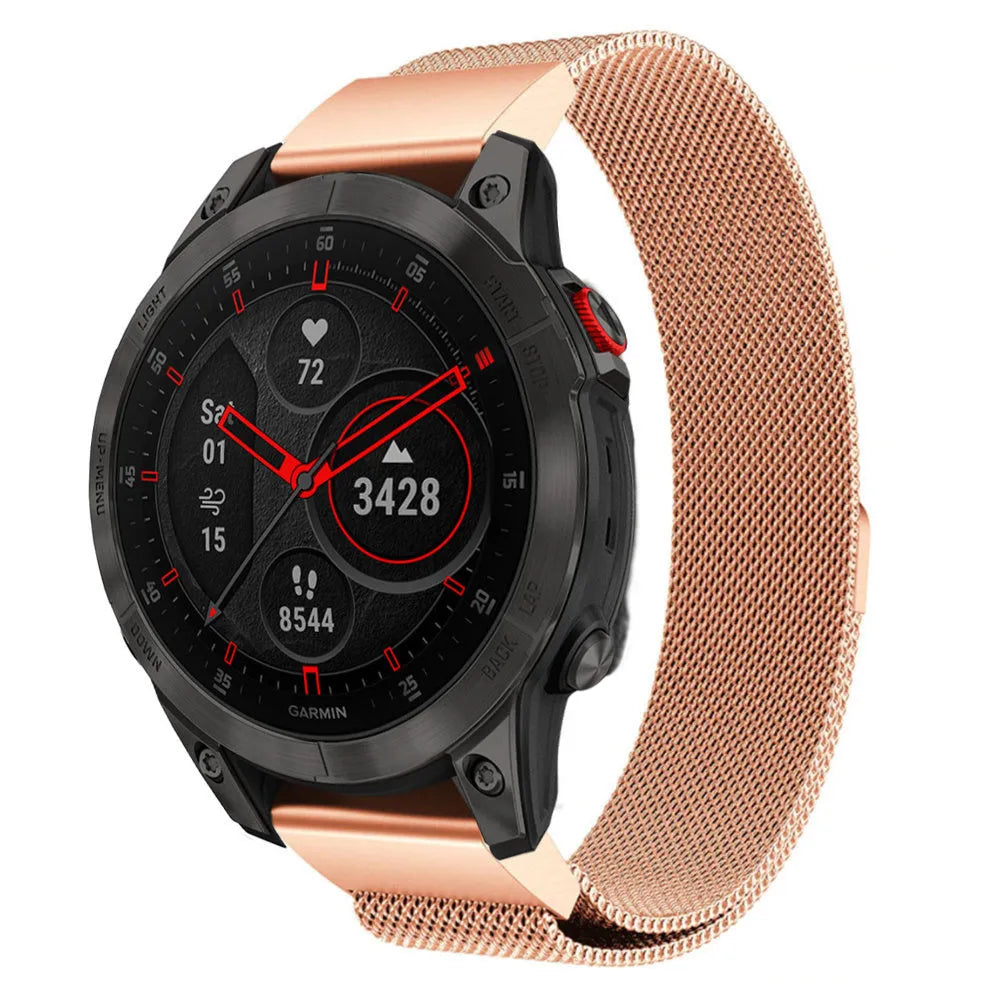 Milanese Strap, rose gold, on a watch, 3/4 front view