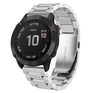 Steel Strap, silver, on a watch, 3/4 front view