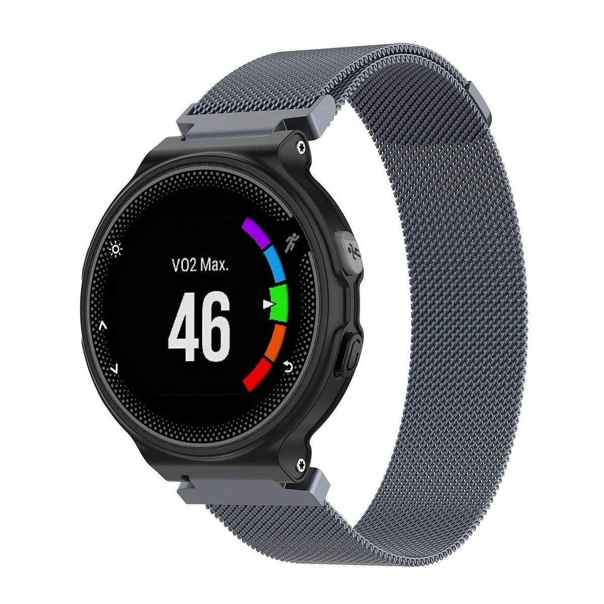 Milanese Strap, space grey, on a watch, 3/4 front view