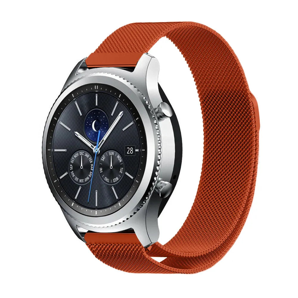 Milanese Strap, orange, on a watch, 3/4 front view