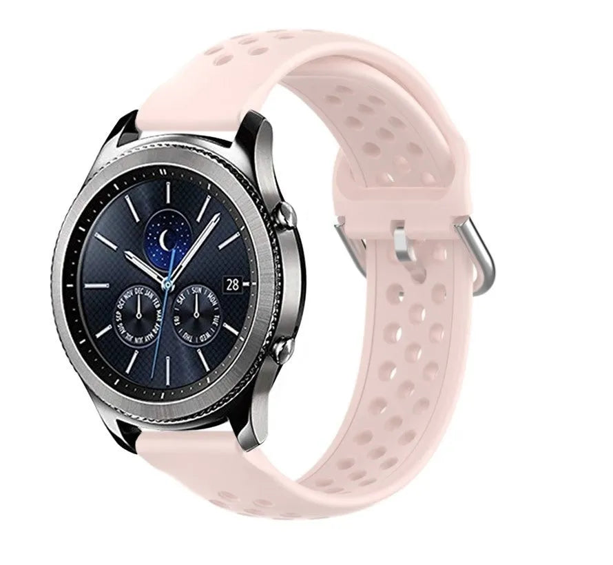 Breathable Silicone Strap, pink, on a watch, 3/4 front view