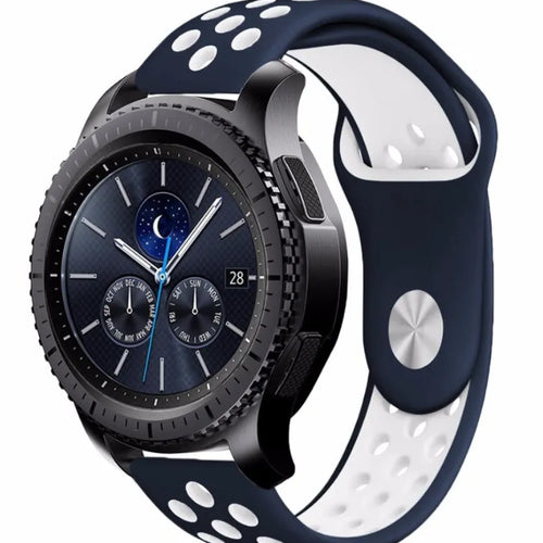 Silicone Sport Strap, blue/white, on a watch, 3/4 front view