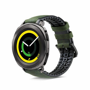 Leather Hybrid Strap, green, on a watch, 3/4 front view