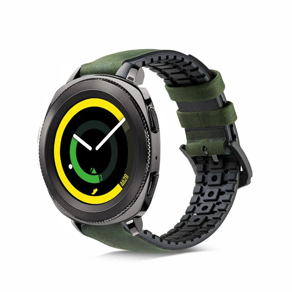 Leather Hybrid Strap, green, on a watch, 3/4 front view