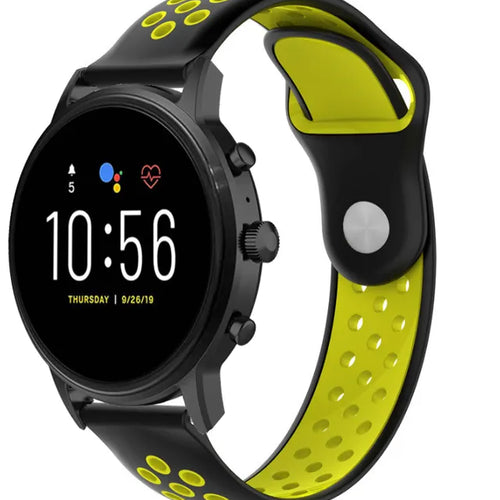 Silicone Sport Strap, black/yellow, on a watch, 3/4 front view