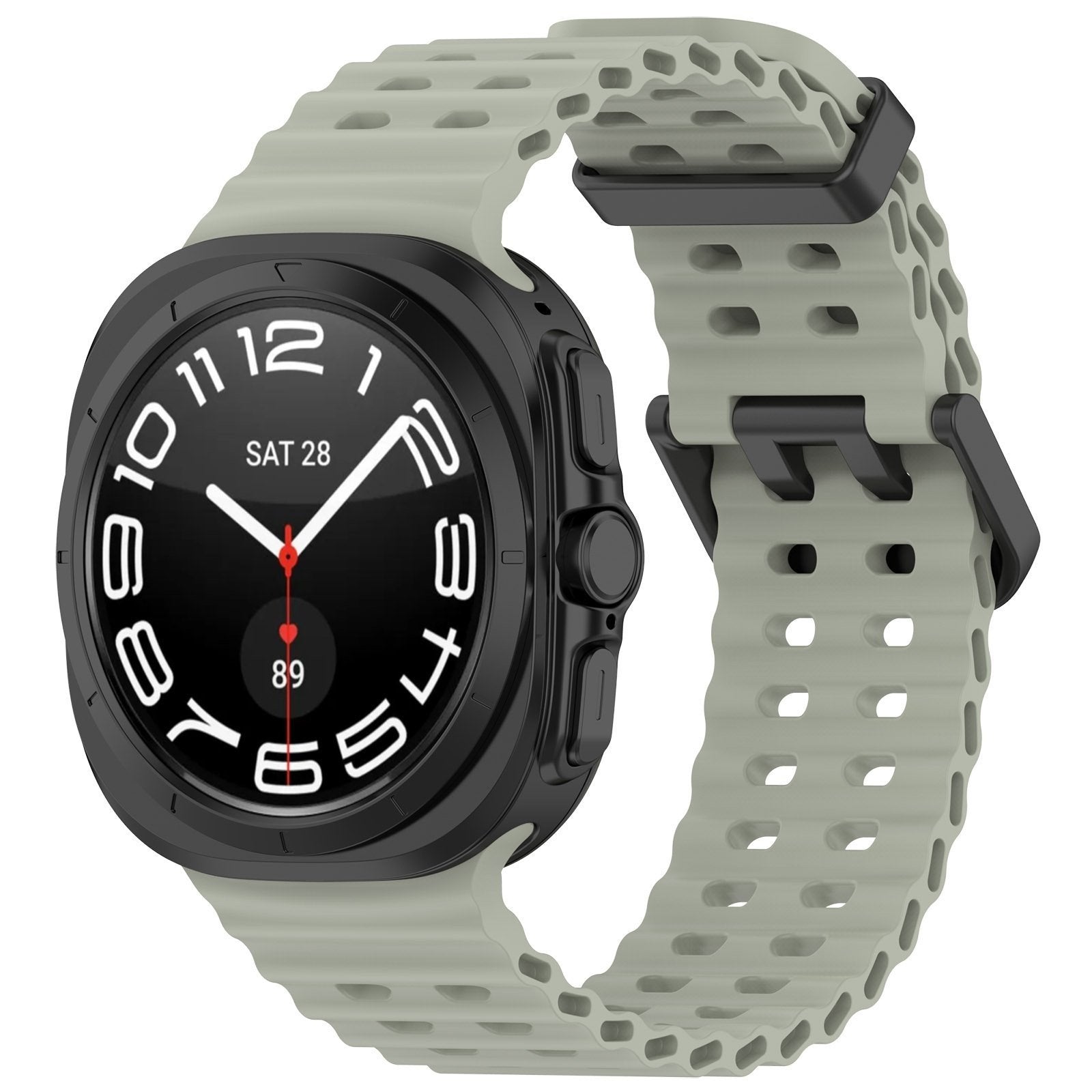 Silicone Ocean Strap, grey-green, on a watch, 3/4 front view