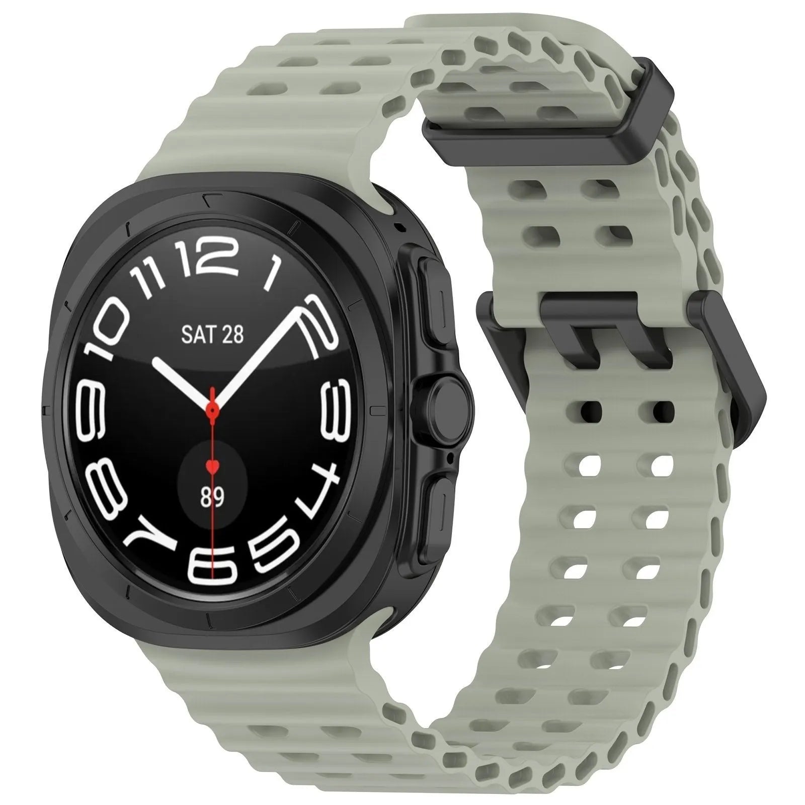 Silicone Ocean Strap, grey-green, on a watch, 3/4 front view