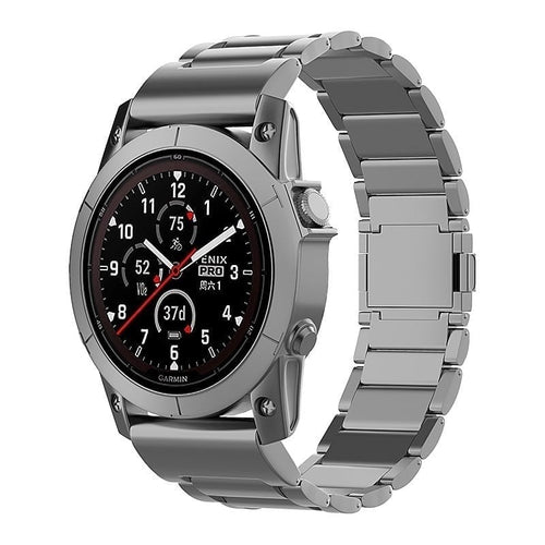 Magnetic Titanium Strap, graphite, on a watch, 3/4 front view