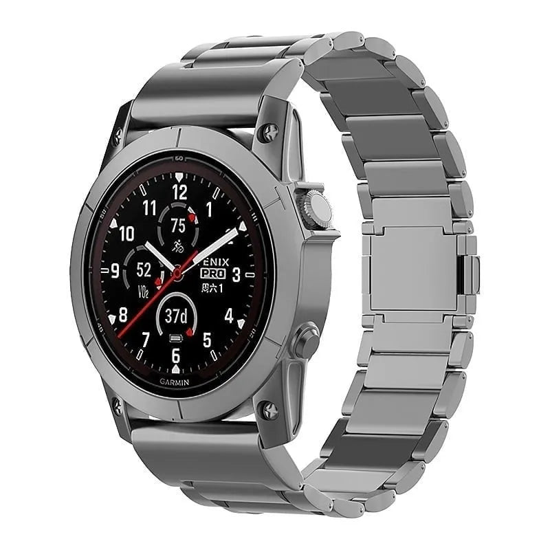 Magnetic Titanium Strap, graphite, on a watch, 3/4 front view