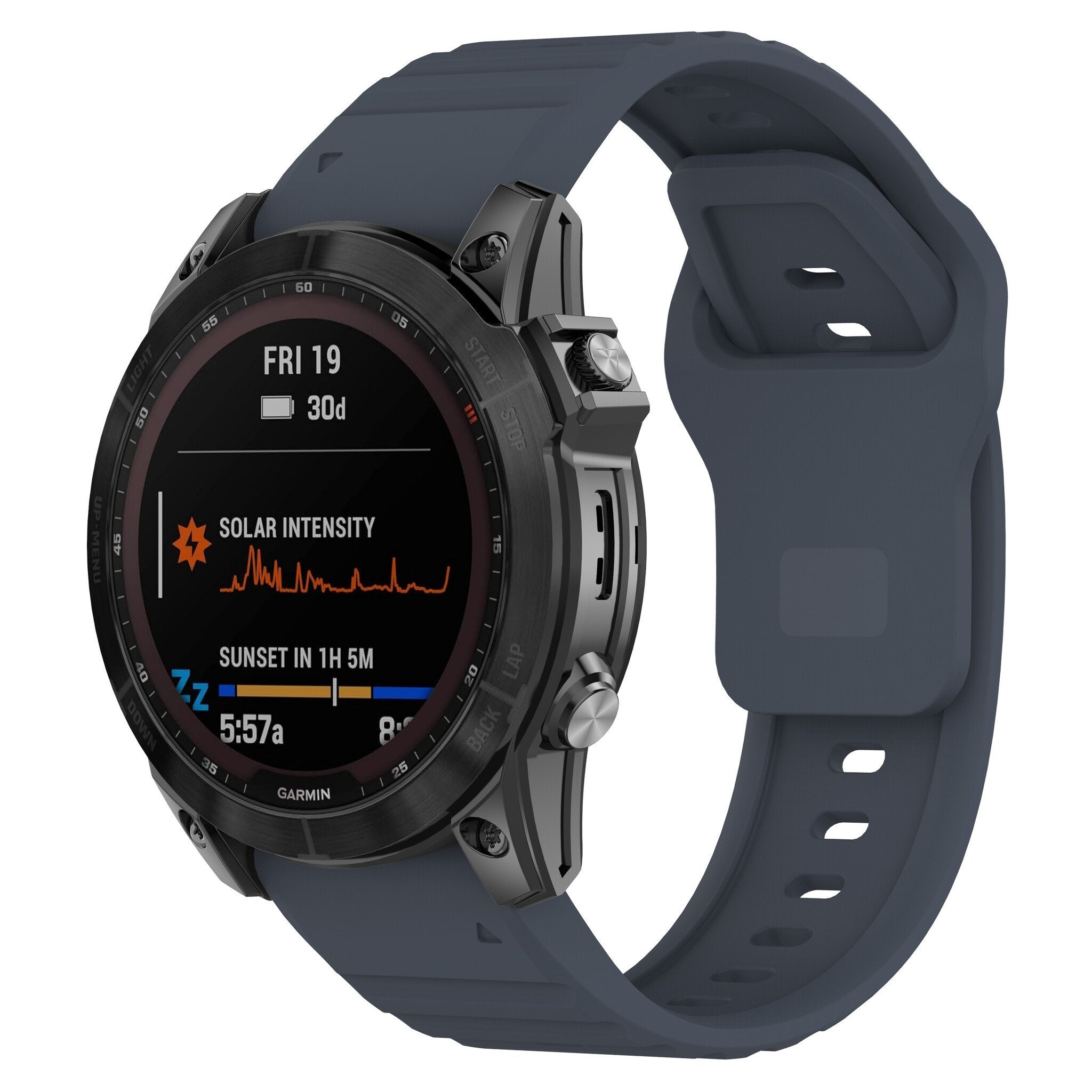 Outdoor Silicone Strap, grey-blue, on a watch, 3/4 front view