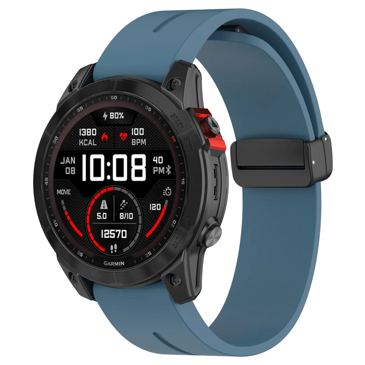 D-Buckle Silicone Strap, grey-blue, on a watch, 3/4 front view
