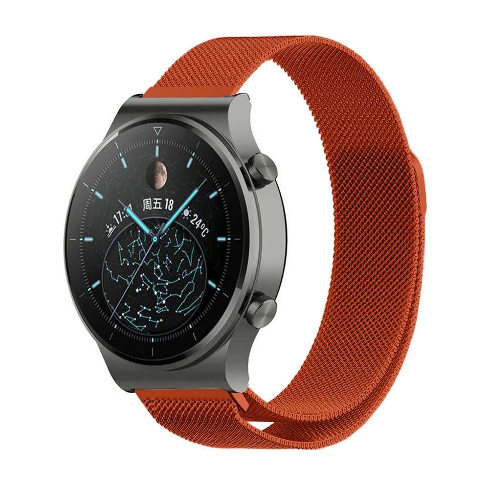 Milanese Strap, orange, on a watch, 3/4 front view