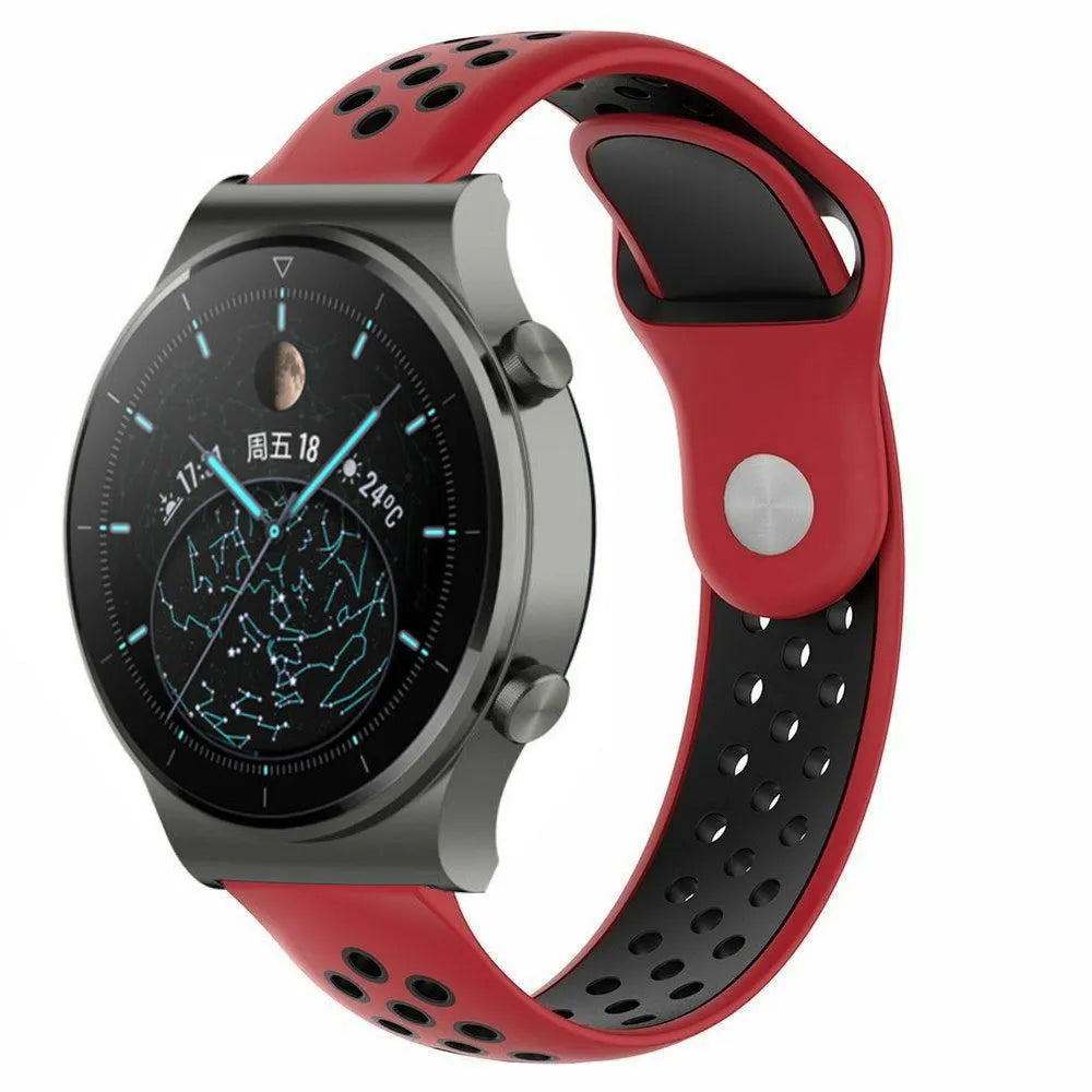 Silicone Sport Strap, red/black, on a watch, 3/4 front view