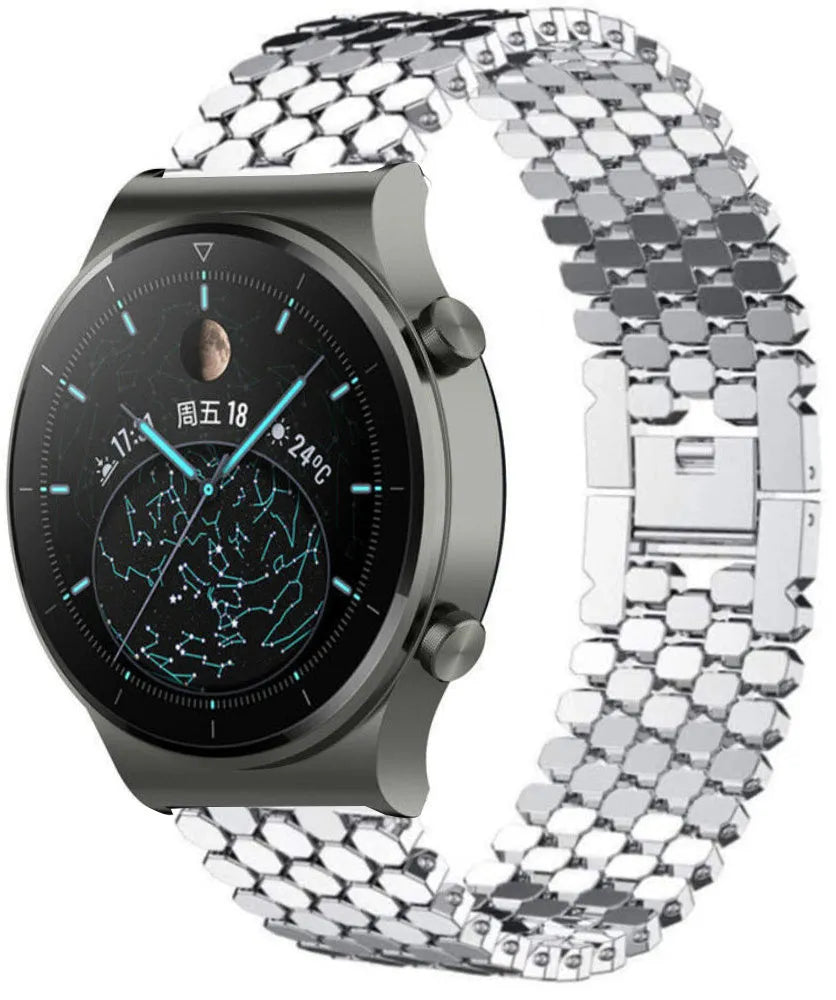 Steel Strap Hexagons, silver, on a watch, 3/4 front view