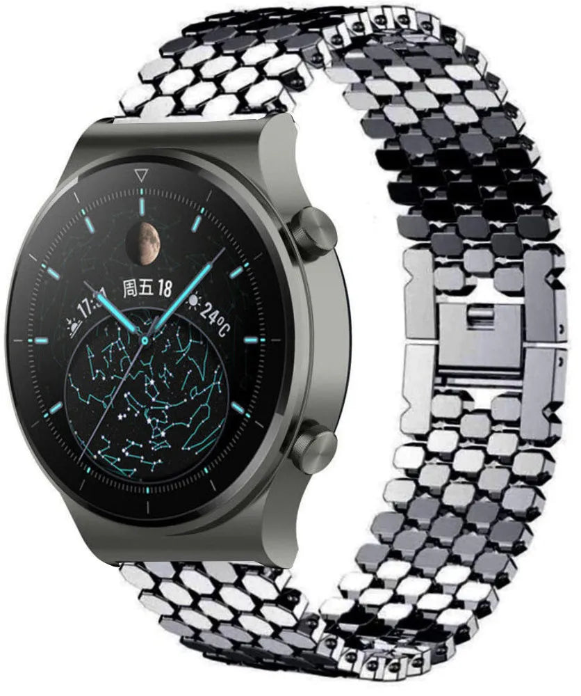 Steel Strap Hexagons, black, on a watch, 3/4 front view
