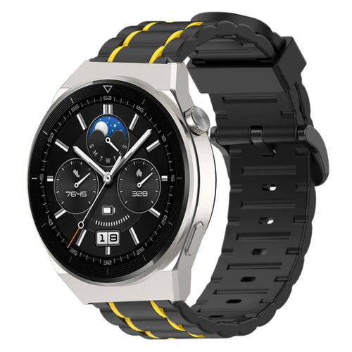 Silicone Sport Strap with Buckle, black/yellow, on a watch, 3/4 front view