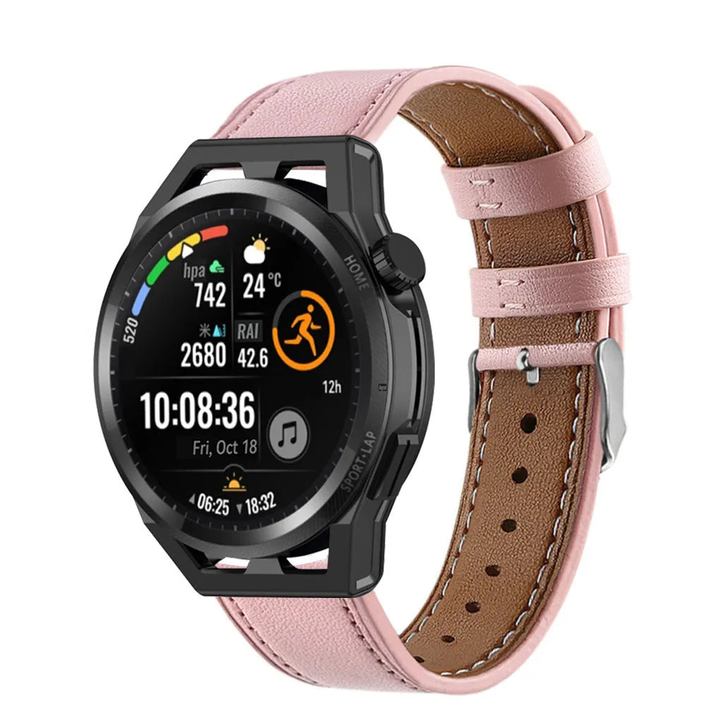 Modern Leather Strap, pink, on a watch, 3/4 front view